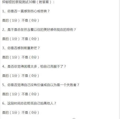抑郁症的表现测试30题 得分越高抑郁程度越重(赶紧来测一下吧)