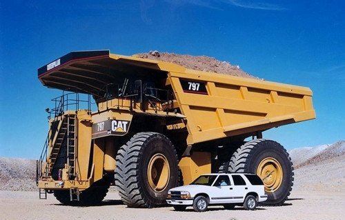 全球最大的矿山车 卡特彼勒797高7米/长14米(一个轮胎高4米)