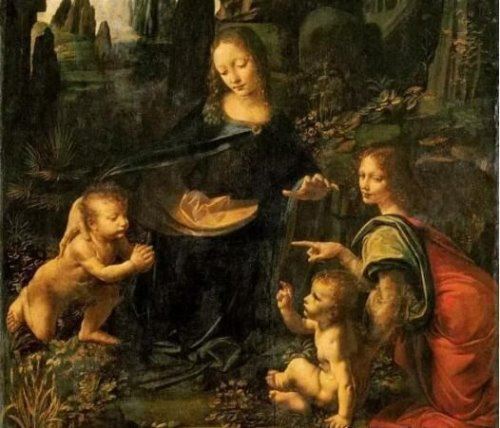 岩间圣母的诡异之处 圣母抓着无形的人头耶稣做出砍的手势