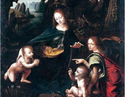 岩间圣母的诡异之处 圣母抓着无形的人头耶稣做出砍的手势