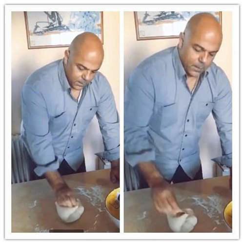 54岁史可晒外亿万富翁外籍老公 一身肌肉为老婆和面 光头亮了